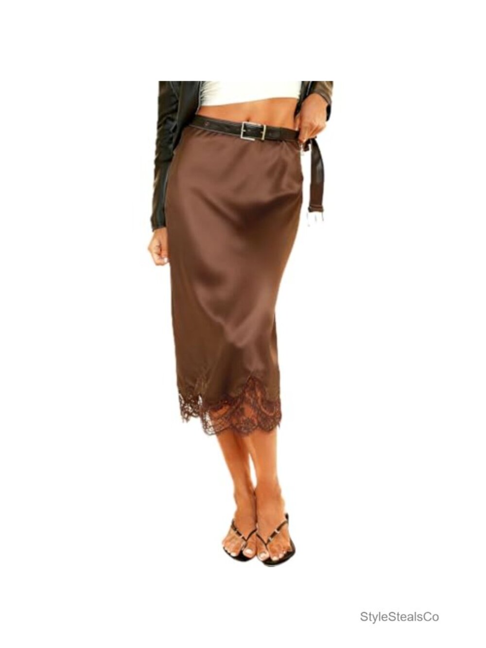 Women Lace Trim Satin Midi Skirt Silky A Line Flowy Half Slip Underskirt